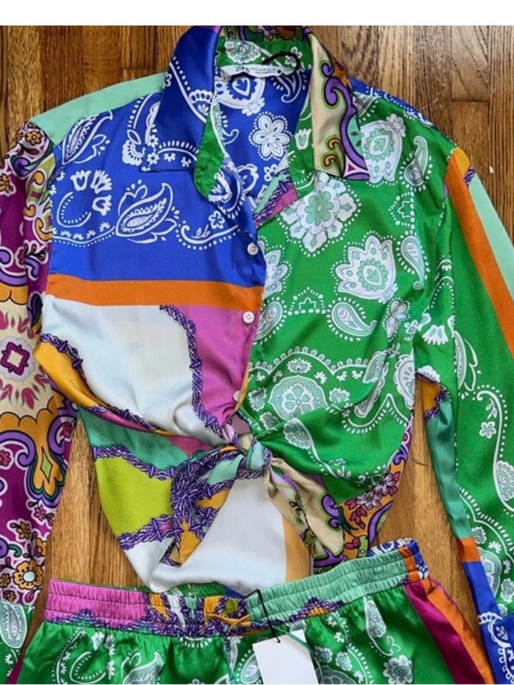 Zara Multicolor Paisley Print Satin Shirt — Green, Blue, Purple, Orange